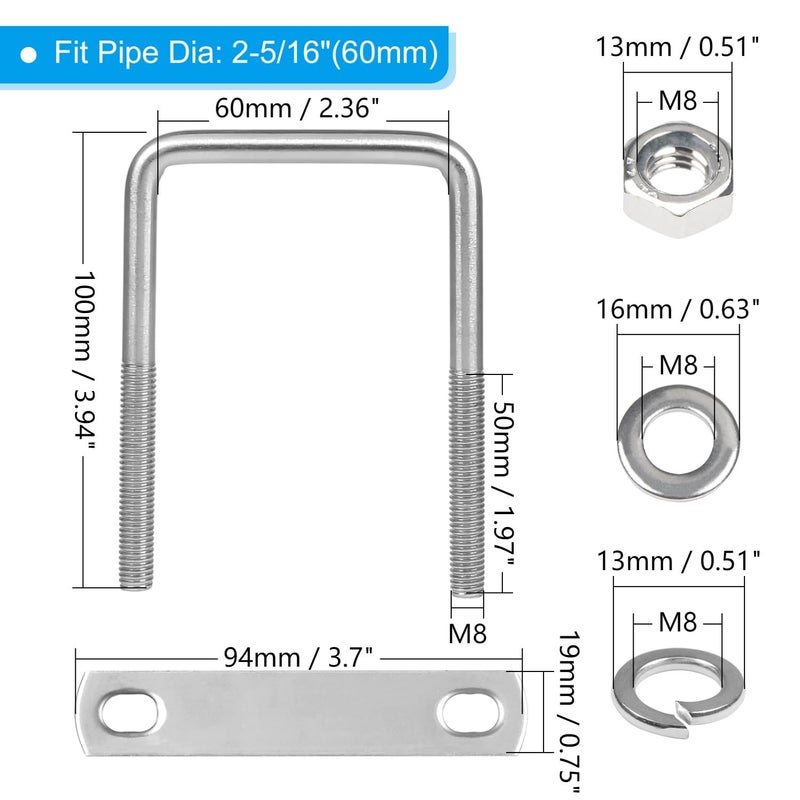 Yinpecly 4 Pack M8 Square U-Bolts, 60mm (2.36") Inner Width 100mm (3.94") Length, 304 Stainless Steel U Bolts with Frame Plates & Nuts & Washers for Automobiles Trailer, Ski Boat, Sailboat, Trailer - Image 2